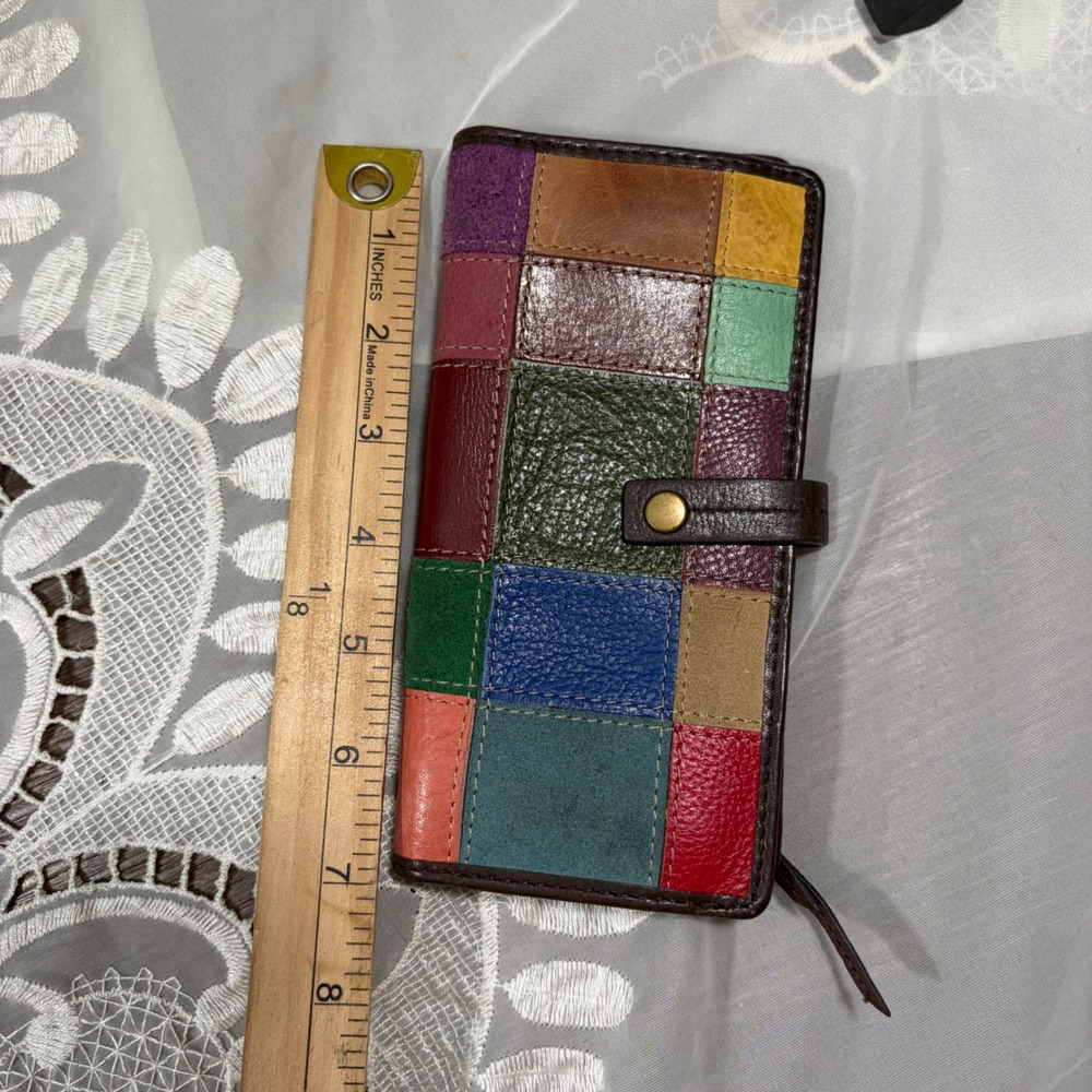 Y2K Boho Wilsons Leather Patchwork Bifold Wallet Multi Color Suede Slim Organize - Picture 5 of 6